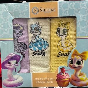 Snake Embroidered Kitchen Towels - Purple, Blue, Yellow